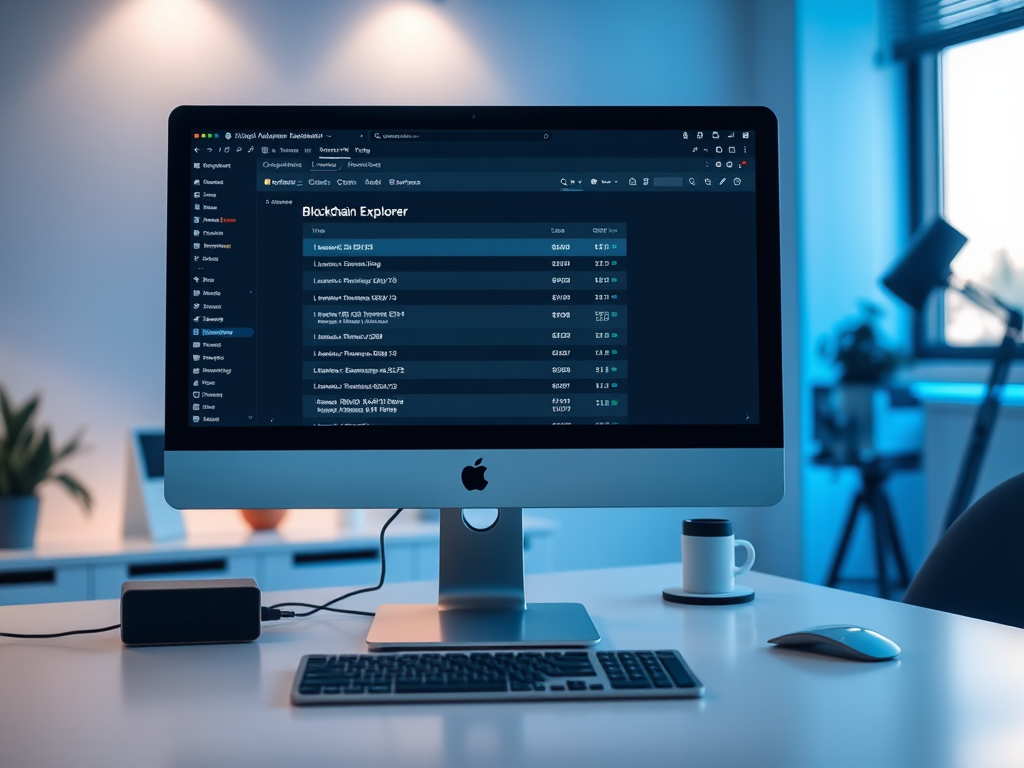 На экране компьютера отображается интерфейс блокчейн-эксплорера с таблицей транзакций.