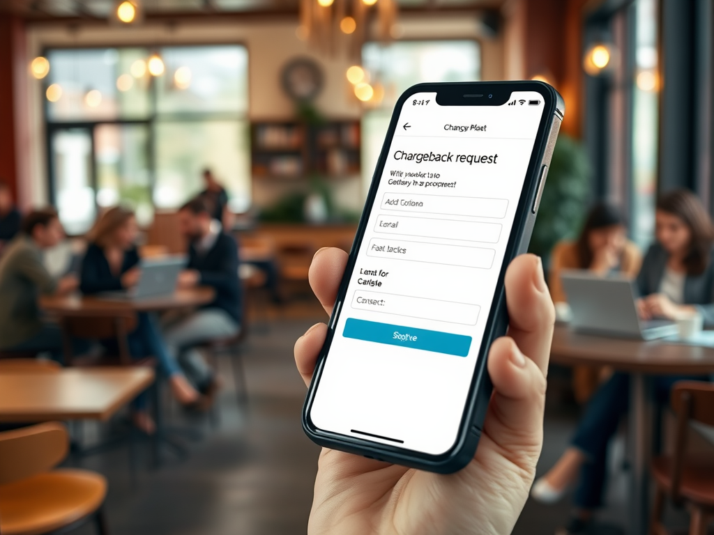 На смартфоне открыта форма запроса о возврате средств в кафе с посетителями на заднем плане.