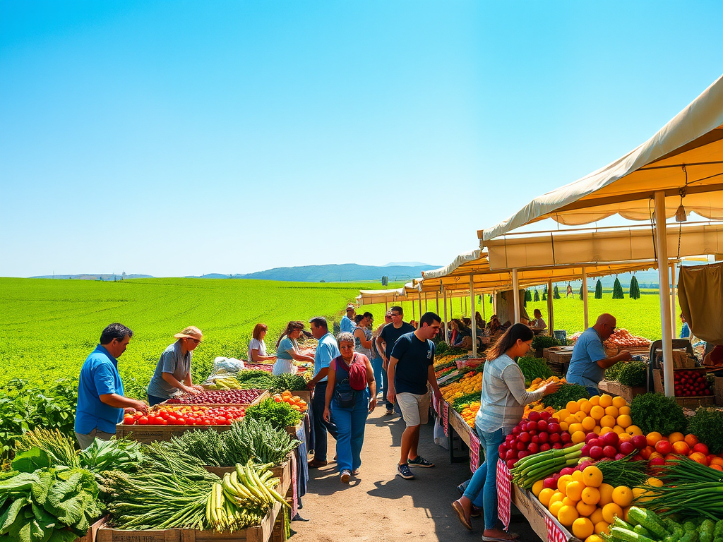 На ярмарке свежие овощи и фрукты, люди выбирают продукты на фоне зелёных полей и голубого неба.